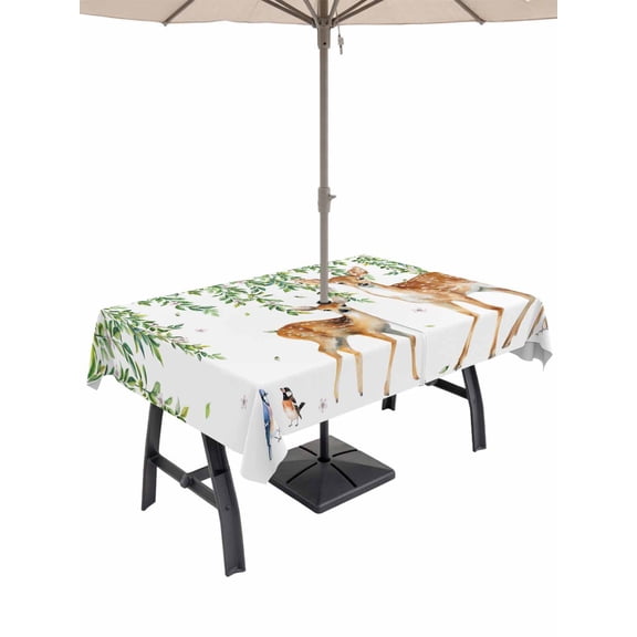 Outdoor Tablecloths with Umbrella Hole & Zipper, Spring Botanical 60 x102 Inch Rectangle Tablecloths, Watercolor Leaves Deers Birds Country Waterproof Table Cloth, Patio/Pool/Picnic Table Covers