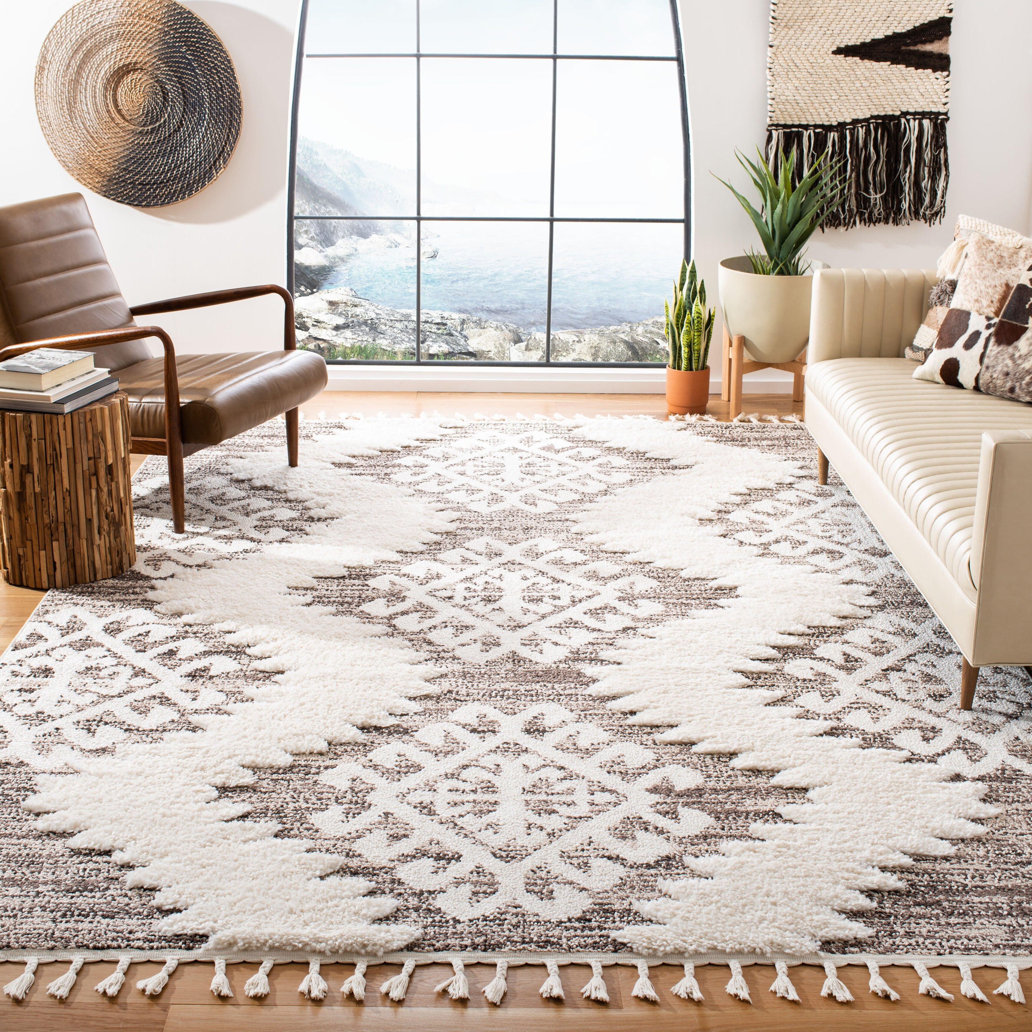 4' x 6' Safavieh MTS688A-4 Moroccan Tassel Shag Collection MTS688A Ivory and Brown Area Rug, 
