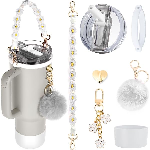 wonima44 40oz Tumbler Accessories for Stanley Quencher Protour Set Including Leak Proof Flip Straw Lid, Water Bottle Handle Strap, Silicone Cup Boot, Charms for Stanley Cup Accessories (White)