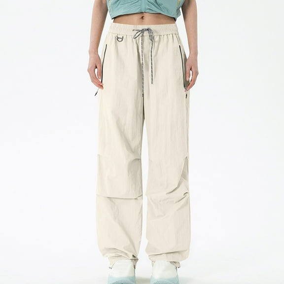 Brglopf Parachute Pants for Womens Quick Dry Baggy Y2K Casual Hiking Cargo Pants Zipper Pockets Drawstring Elastic Waist Wide Leg Trousers Khaki L