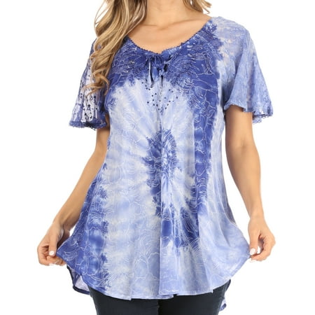 

Sakkas Petra Women s Casual Loose Flared Corset Short Sleeve Lace Blouse Top Tunic - Blue - Plus Size