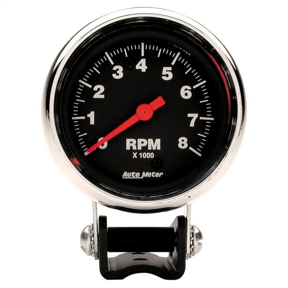 AutoMeter 2893 Traditional Chrome Tachometer; 2-5/8 in.; Black Dial Face; Chrome Bezel; Fluorescent Red Pointer; White Incandescent Lighting; Electric Air-Core; 0-8000 RPM;