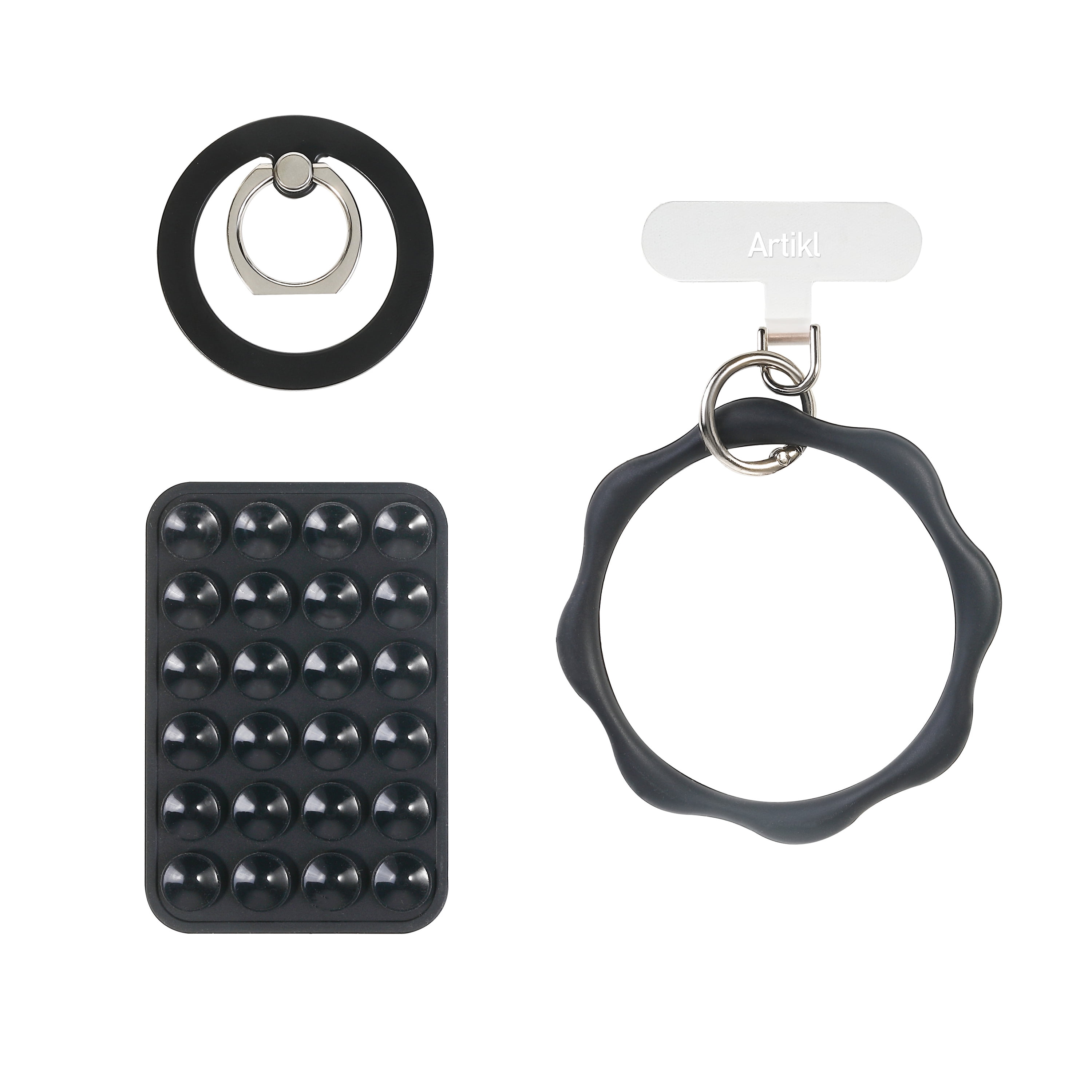 Ensemble d’accessoires universel compatible MagSafe Artikl – Support à ventouse OctoMag, support pliable à anneau et dragonne en silicone – Noir