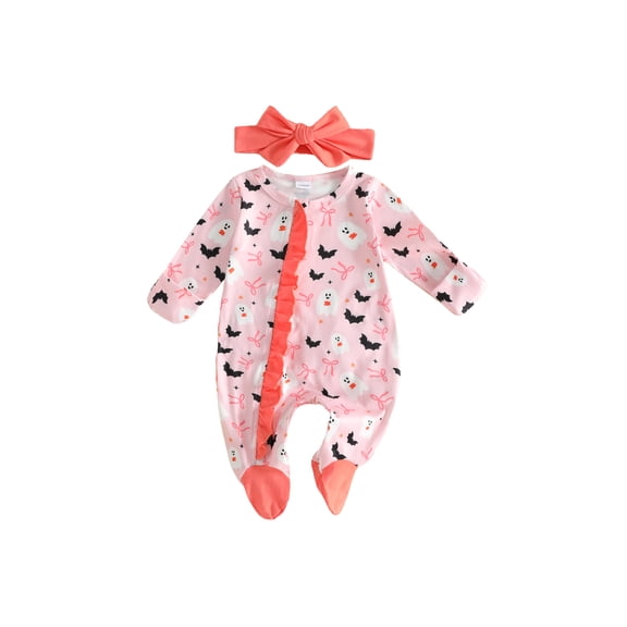 RUINIXCW Newborn Baby Girl Halloween Outfit Fall Winter Clothes Footed Romper Funny Bat Bow Print Long Sleeve Ruffled Zip Up Footie Jumpsuit Headband