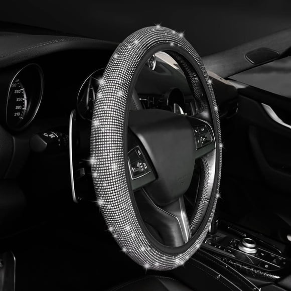 Funda de volante con cristales brillantes, universal para mujer, ideal para vehículos, coches y todoterrenos (36-38 cm, blanca)
