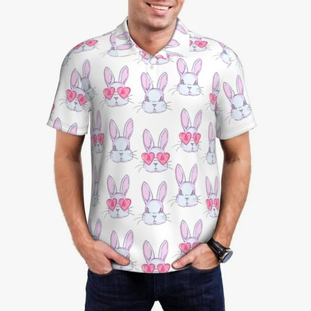 Logiee Heart Rabbit Print Mens Polo Shirts Mens Golf Polo Shirts Short Sleeve Casual Polo Shirts for Men Summer Fashion Beach Shirts-Medium