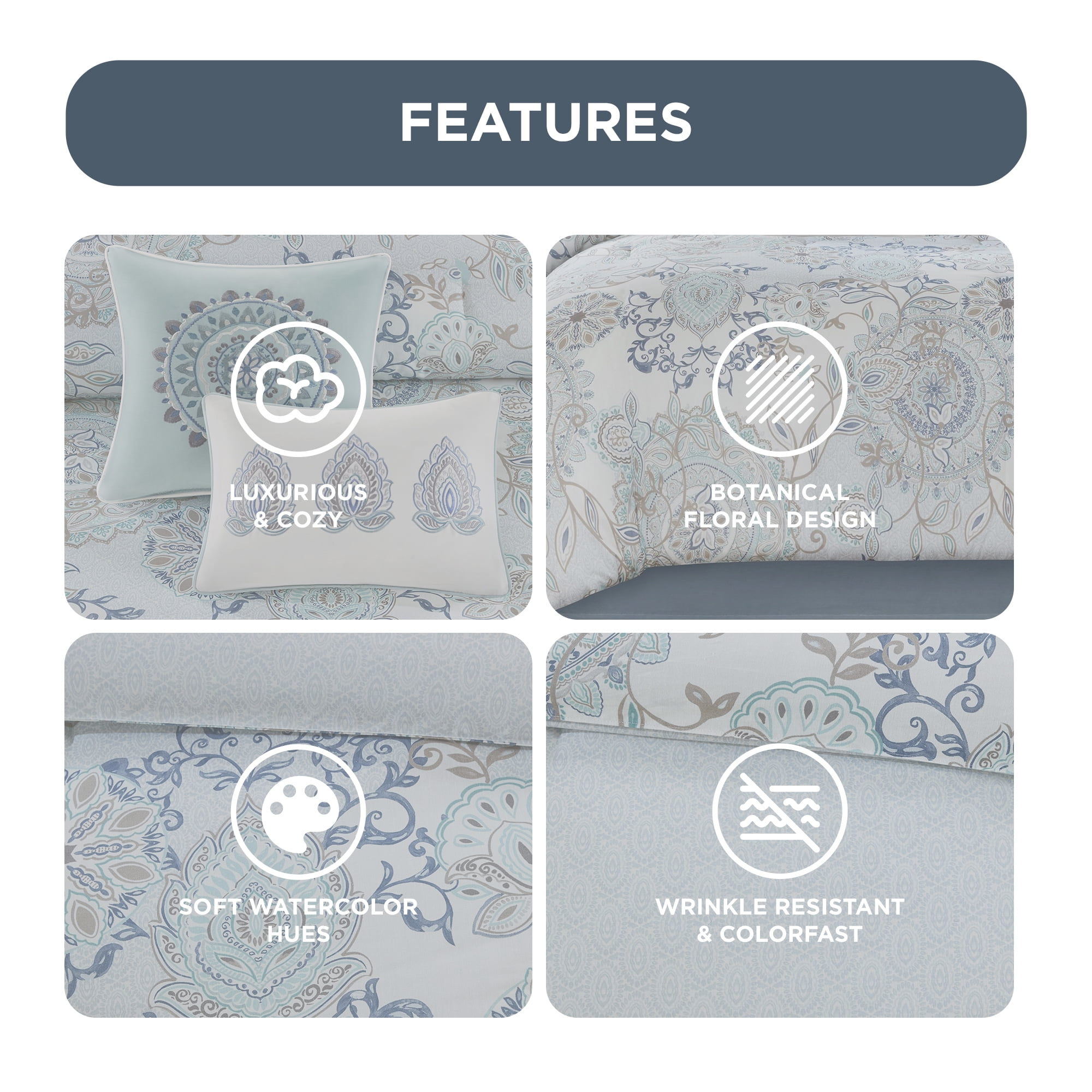 Madison Park 8-Piece Reversible Floral Cotton Comforter Set with Bed Skirt and Decor Pillows, Queen,Blue