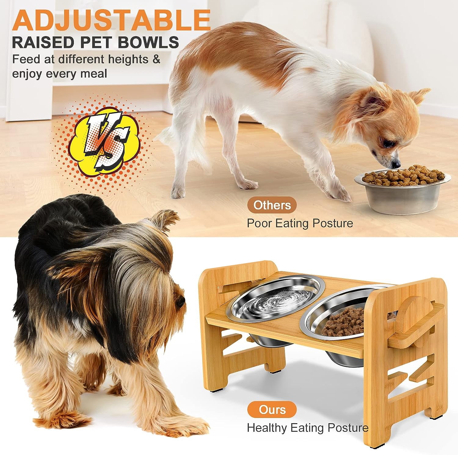 Adjustable Bamboo Elevated Pet Feeder, Large Raised Stainless Steel Food and Water Bowls for Dogs and Cats (3 inch, 8 inch, and 12 inch Heights)