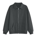 thumbnail image 4 of Womens Fall Zip Up Sweatshirts No Hood Oversized Casual Classic Long Sleeve Collar Full Zipper Jackets with Pockets Dark Gray L, 4 of 9