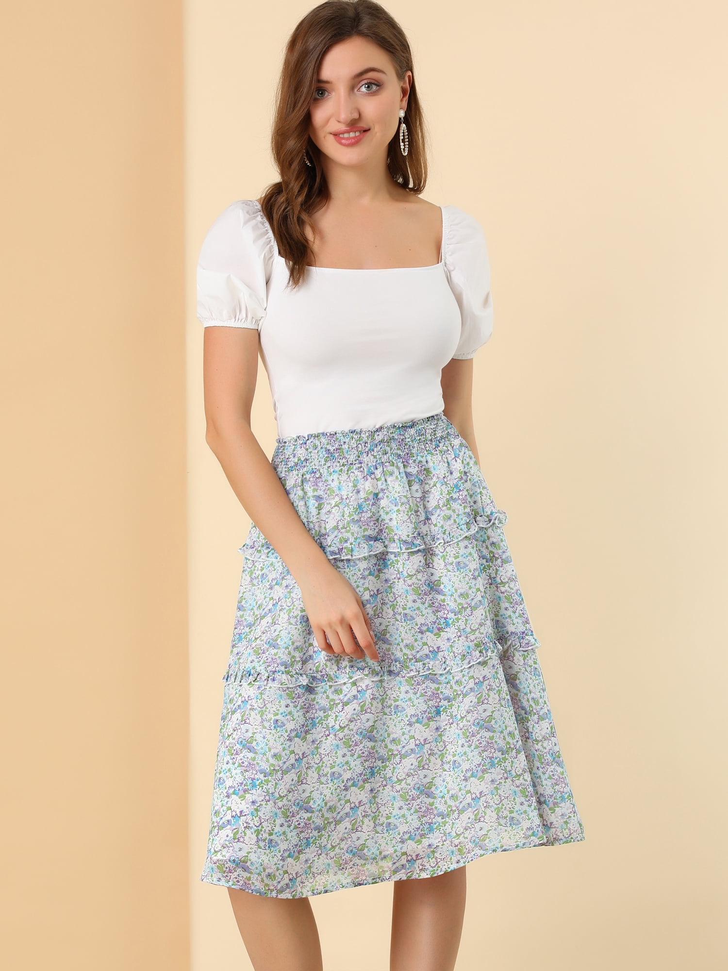 DARING DIVA Women's Floral Chiffon Layer Ruffle Hem Midi Skirt XL Blue Purple