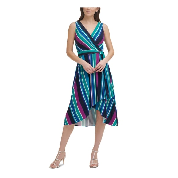 DKNY Womens Blue Belted Pullover Styling Unlined Striped Sleeveless Surplice Neckline Midi Wear To Work Wrap Dress L