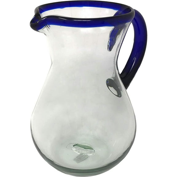 Dos Sueños Dos Suenos Mexican Hand Blown Glass Pitcher - Cobalt Blue Rim and Handle (84 oz)