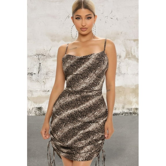 Spaghetti strap snake print rushed mini dress