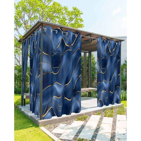 Outdoor Curtains for Patio, Navy Blue Marble Waterproof Blackout Outside Curtain for Porch/Pergola, Abstract Modern Golden Geometric Thermal Insulated Drapes for Cabana, 2 Panels, 54 x 108 Inch