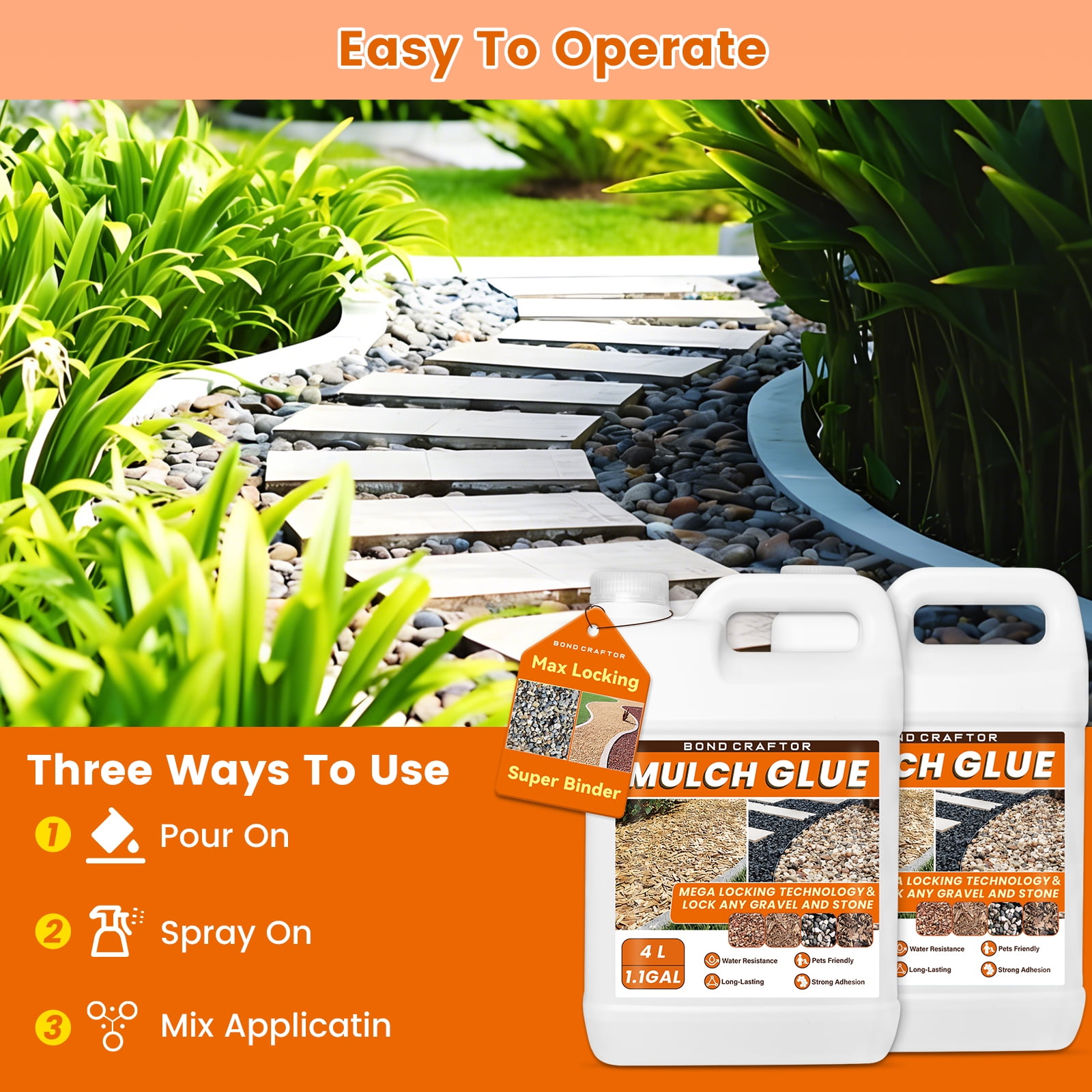Bond Craftor Mulch Glue, 1.1 Gal Pet Friendly Non-Toxic Gravel Binder for Garden Walkways Landscaping