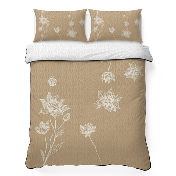 Twin XL Quilt Set 68''x98'', Beige White Floral Lightweight Summer Bedspread Coverlet Set with 2 Pillow Shams, Abstract Art Summer Botanical Breathable All Season Quilt Bedding for Dorm/Guest Room