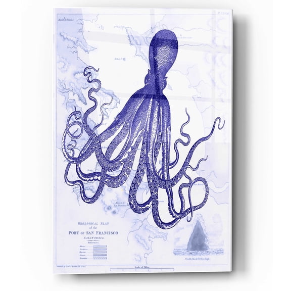 Epic Art 'Blue Octopus 1 on Nautical Map' by Fab Funky, Acrylic Glass Wall Art, 12"x16"