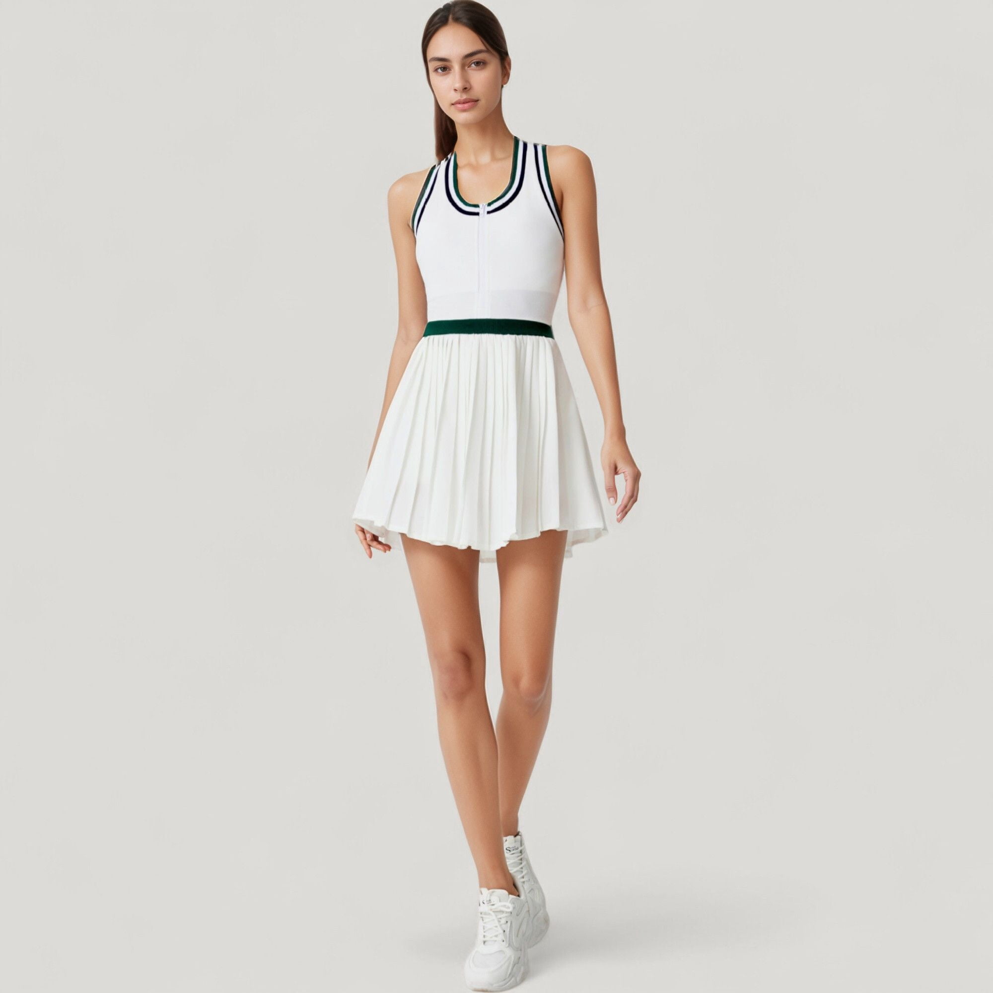 Women's Sleeveless Tennis Dress with Zip Front Contrast Trim Neckline and Pleated Skirt - Large, Green