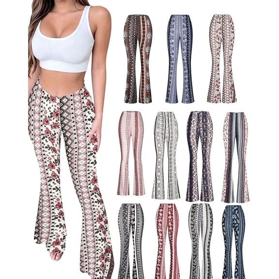 APEXFWDT Boho Flare Pants for Women Womens Stretchy Wide Leg High Waist Bell Bottom Flare Pants Retro 70s Floral Legging