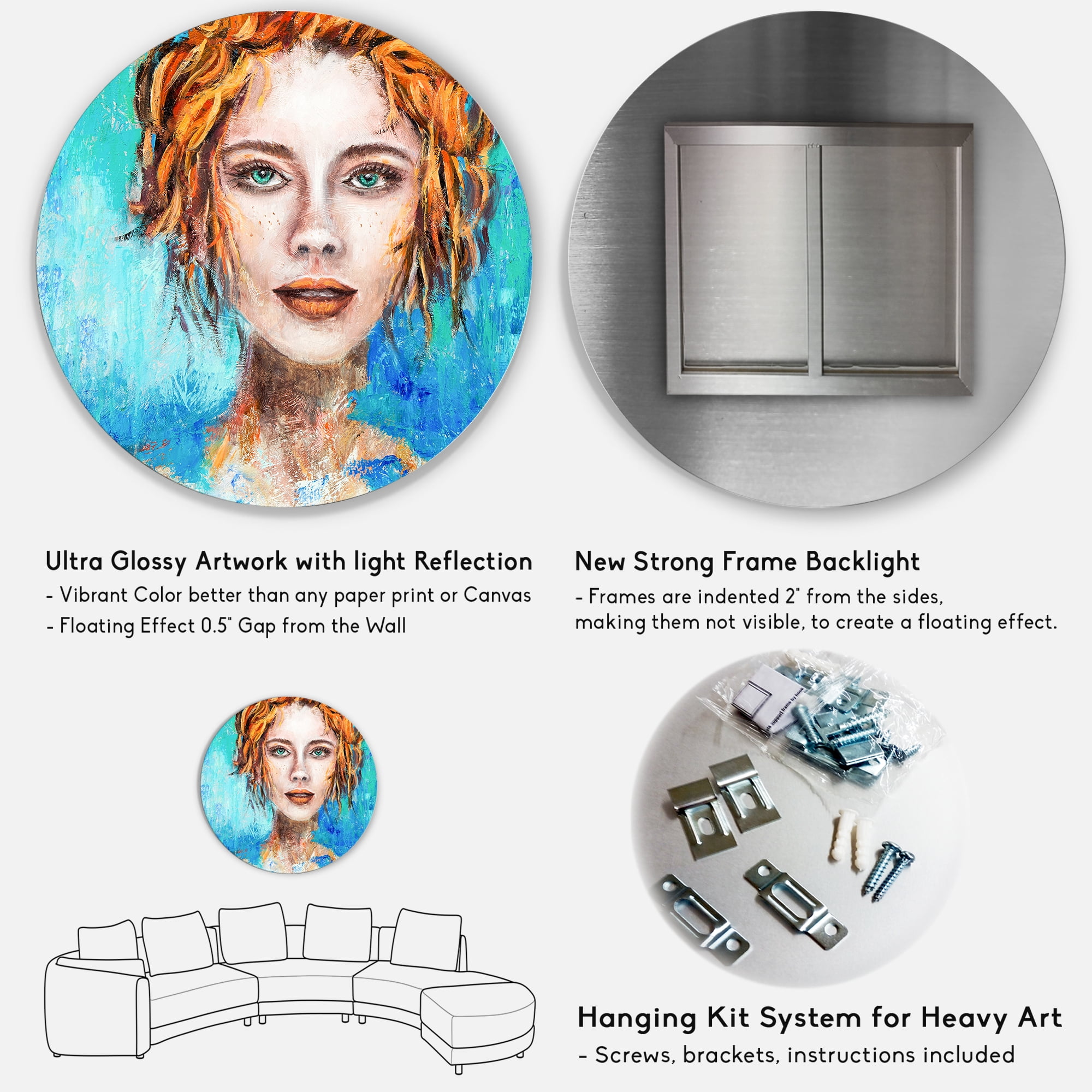 Designart 'A Woman Face With Red Hair And Green Eyes' Modern Circle Metal Wall Art 11x11 - Disc of 11