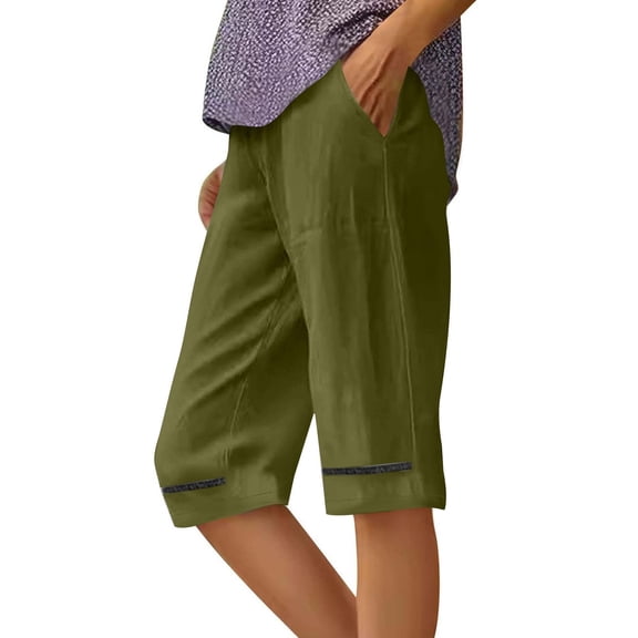 KDDYLITQ Capri Pants for Women Straight Leg Cotton Linen Lightweight Sweat Pants Elastic High Waisted Drawstring Dressy Pants Athletic Beach Running Joggers with Pockets Army Green S