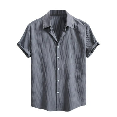 Eltusu Men's Button up Shirts, Lapel Collar Short Sleeve Stretch Summer Casual Shirts Gray Size XL