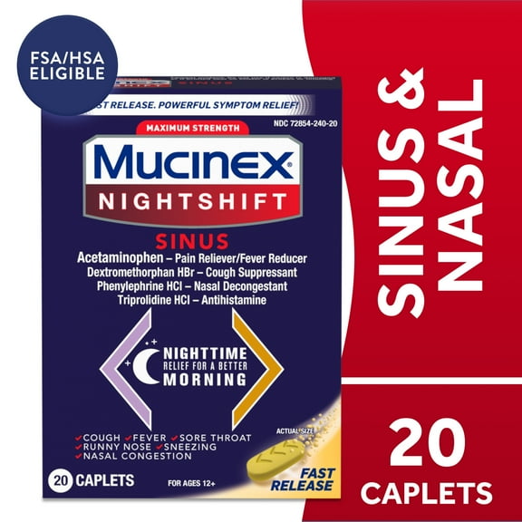Mucinex Nightshift Sinus Medicine, OTC Fever Reducer, Cough Suppressant, Nasal Decongestant, 20 Caplets
