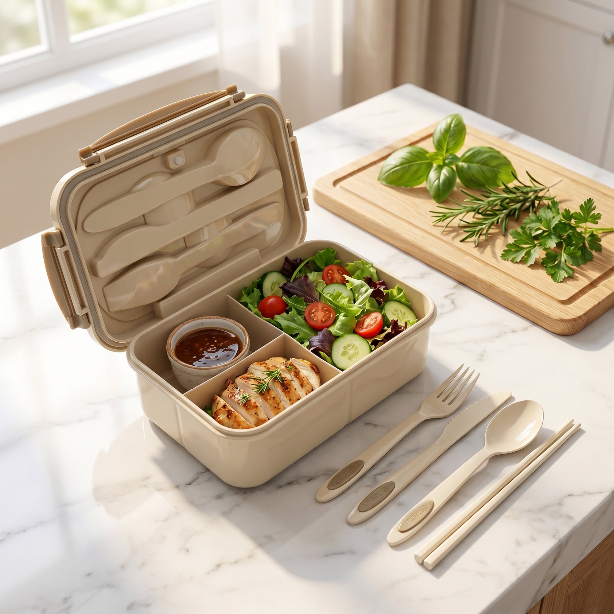 Unique Bargains 3-Compartment Leak-Proof  Lunch Bento Box with Utensils Khaki-1