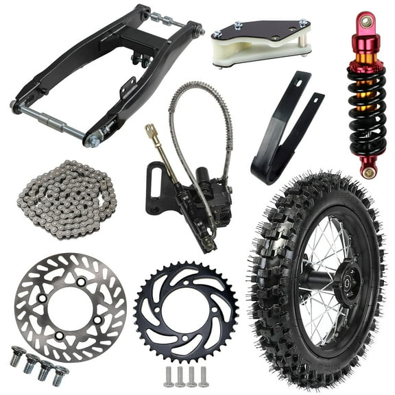 Complete 80/100-12 3.00-12 Tire 12 inch Rear Wheel and Rim   Swing Arm   Disc Brake System  420 53T Sprocket   Shock Suspension Kit for Pit Dirt Bike Apollo RFZ SSR110 125cc CRF50 CRF70 KX65