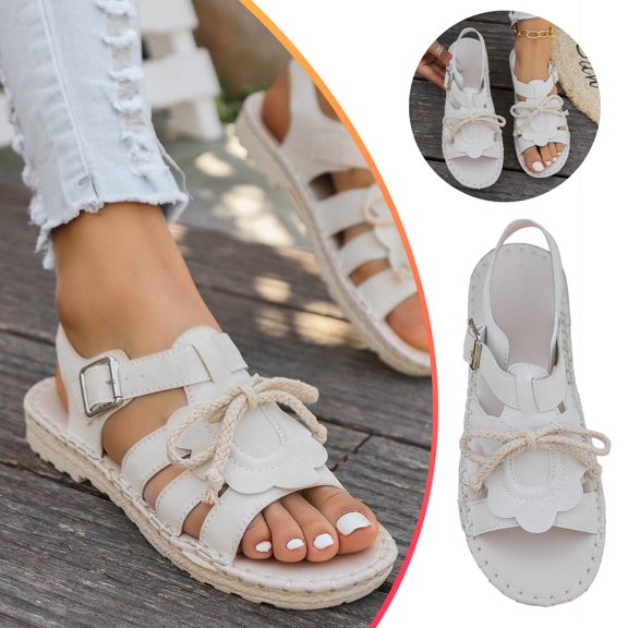 Jacenvly 2024 New Lace Casual Beach Sandals One-Line Buckle Fish Mouth Sandals White Sandals for Women