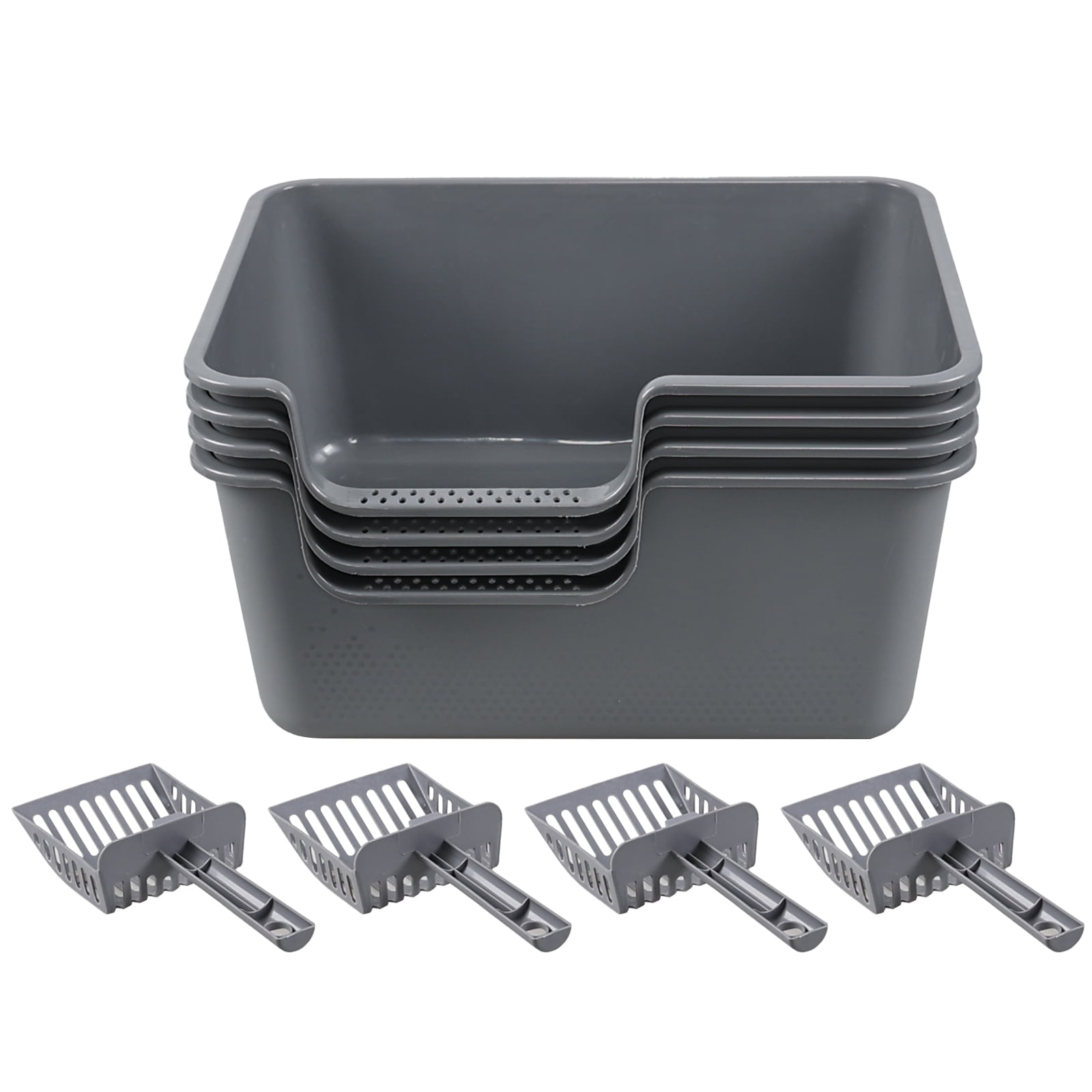Kekow 4-Pack Anti-Splashing Kitty Litter Box with Scoop, Plastic Open High Sided Cat Litter Box, Gray