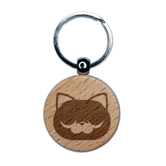Round Cat Face Sleepy Round Keychain Charm Tag - Engraved Wood