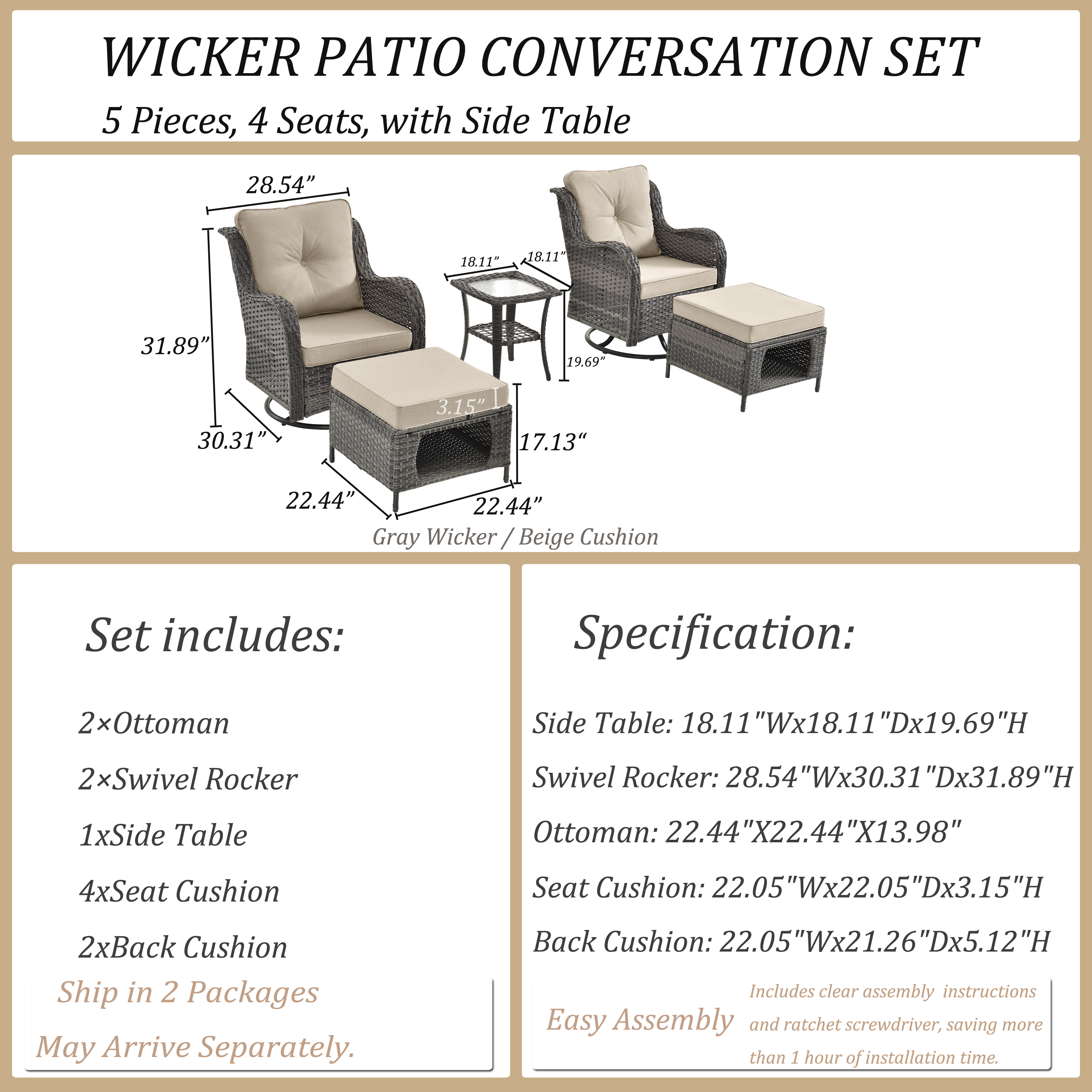 5 Pieces Outdoor Patio Furniture Set with Swivel Rocking Chair Ottoman