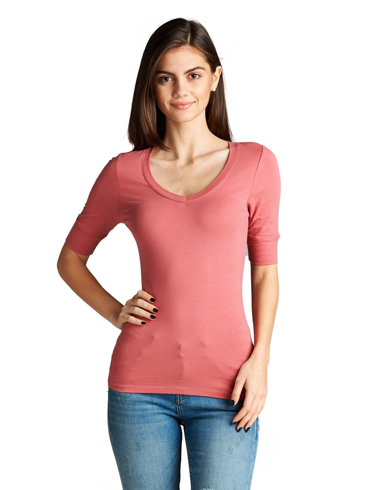 Essential Basic Womens Cotton Blend V Neck Tee Shirt Half Sleeves