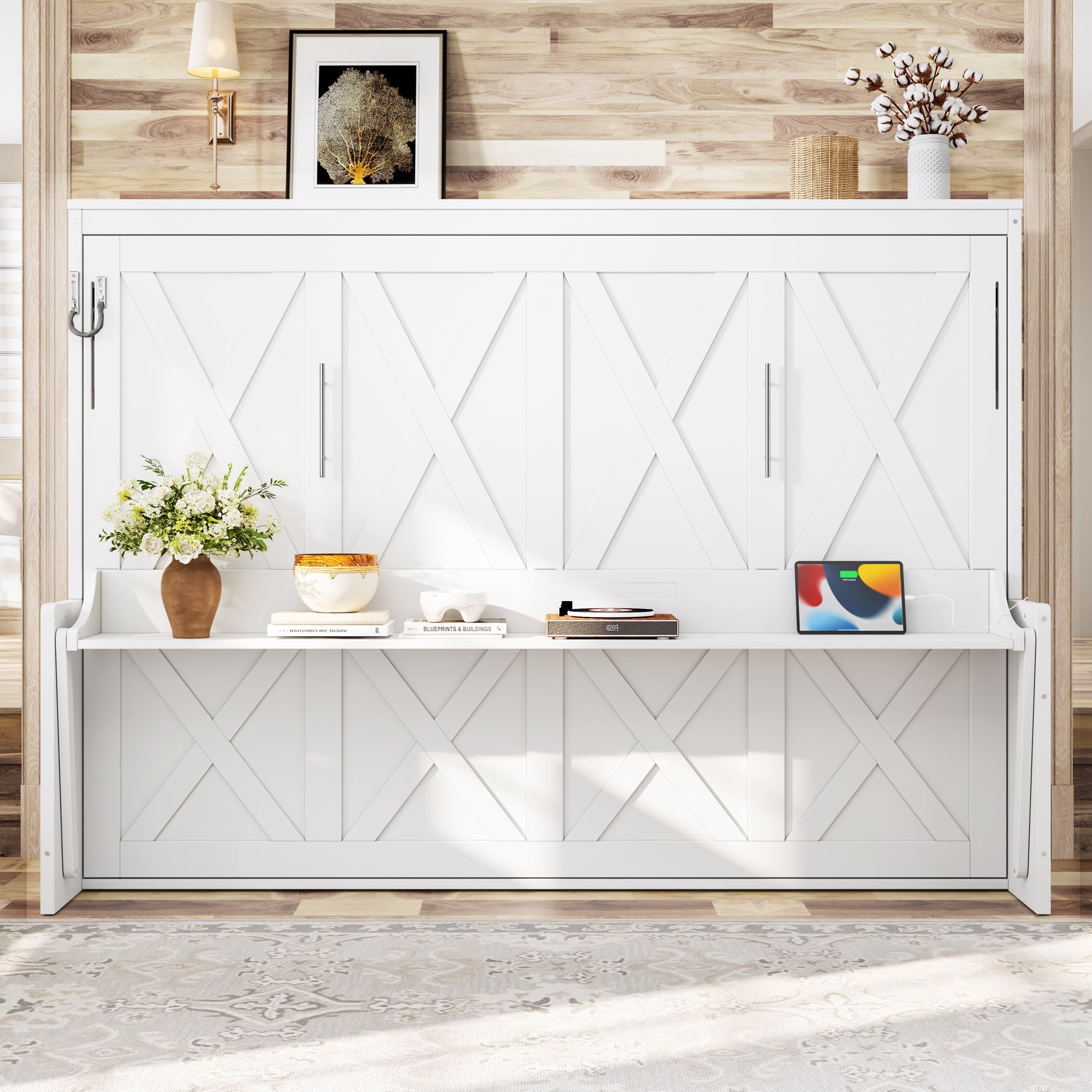 Leumius Queen Size Murphy Bed with Storage & Charging Station,Modern Murphy Cabinet with Desk,Multifunctional Storage Cabinet Bed with Foldable Panel for Guest Bedroom, Living Room, Office,White