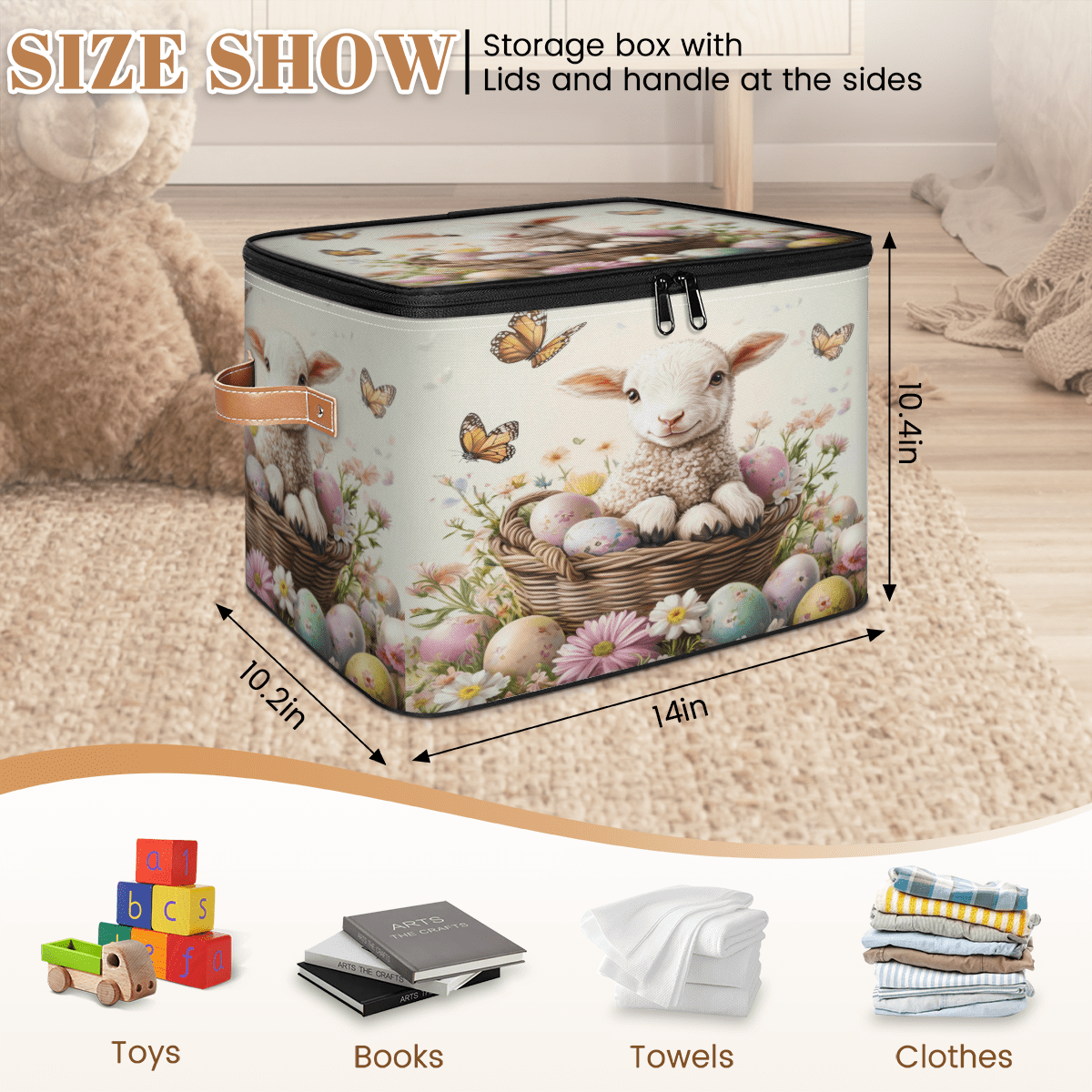 ADECORIVY Cute Lamb Flower Storage Bin with Lid Fabric Easter Foldable Storage Baskets Boxes for Clothes Shelves Closet Organizer Containers with Leather Handles for Wardrobe
