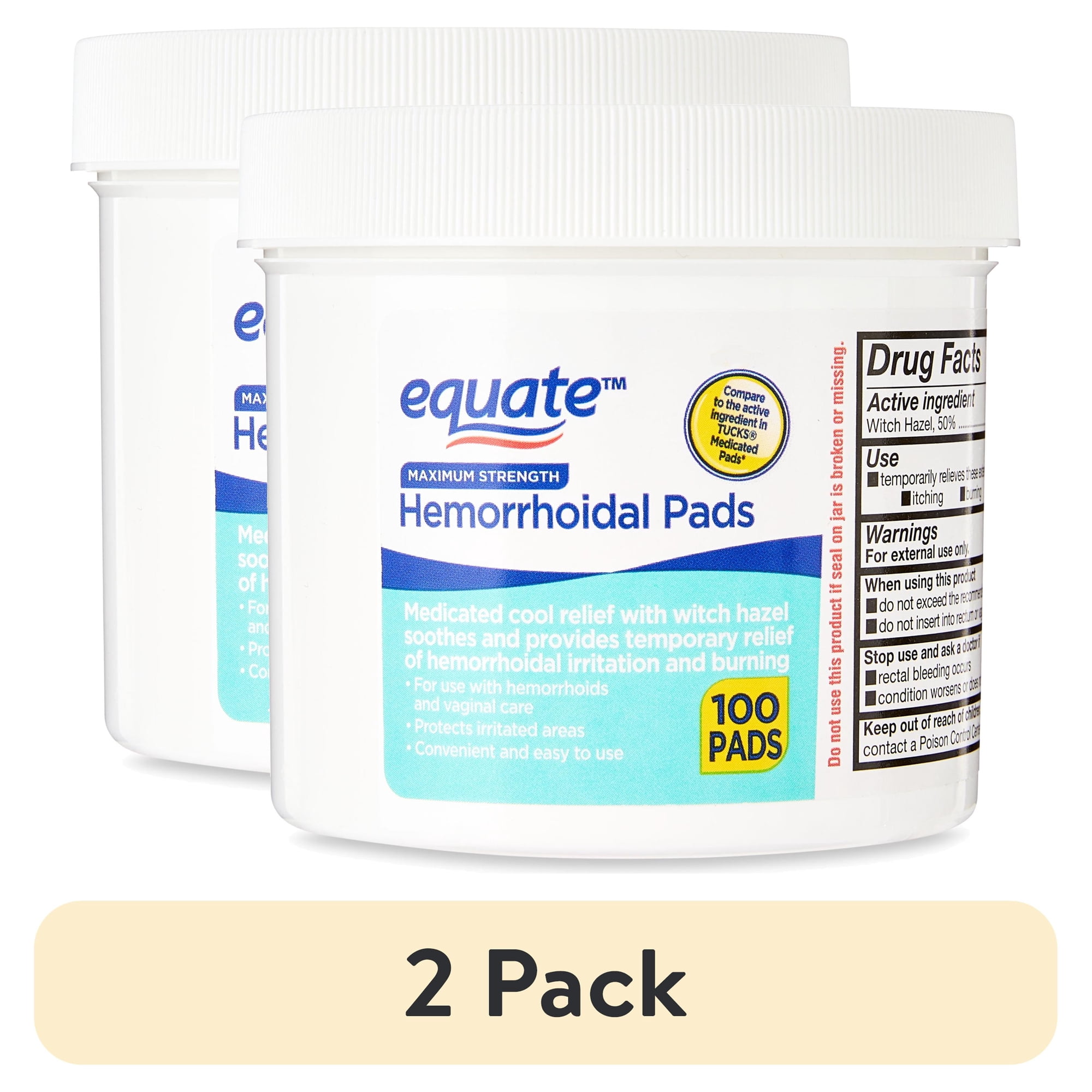 (2 pack) Equate Medicated Cool Relief Hemorrhoidal Pads, 100 Count