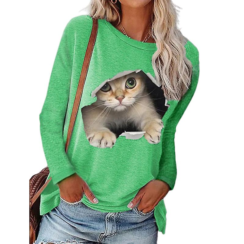 Women Cat Print Round Neck Casual Loose 