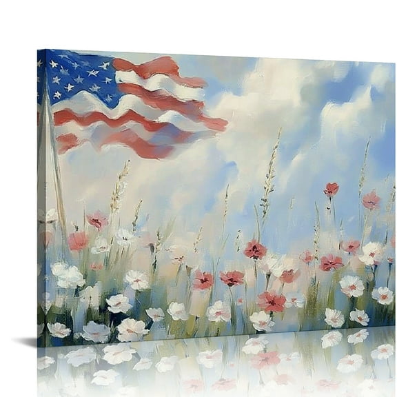 Chilfamy Modern American Flag Framed Canvas Wall Art for Living Room, 4th of July Patriotic Floral Poster for Bedroom, Wrapped Canvas Prints Artwork Americana Pictures Wall Decor 16x12in