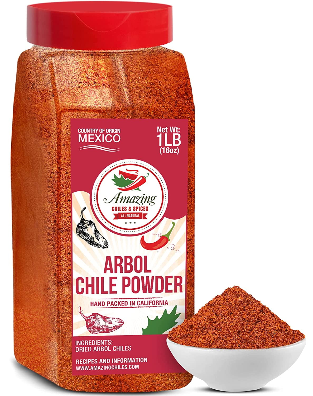 Chile De Arbol Dried Red Chili Pepper Powder 1LB (16oz) - Ground Peppers For Authentic Mexican Cuisine by Amazing Chiles & Spices