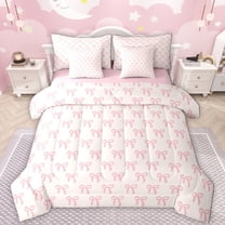 Manfei Kawaii Bow Tie 7-Piece Twin Bedding Sets,Cartoon Bowknot Ribbon Bedding Comforter Set,Girls Pink Bowtie Sheet Sets For Kids,Super Cozy Room Decor Reversible