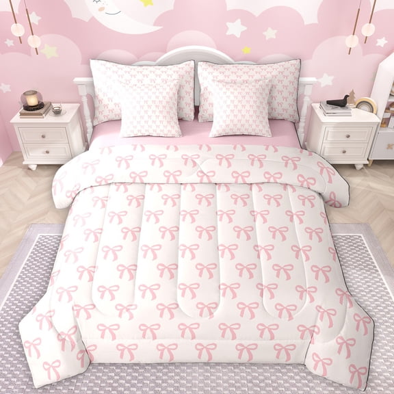 Manfei Kawaii Bow Tie 7-Piece Twin Bedding Sets,Cartoon Bowknot Ribbon Bedding Comforter Set,Girls Pink Bowtie Sheet Sets For Kids,Super Cozy Room Decor Reversible