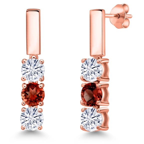 Gem Stone King 18K Rose Gold Plated Silver White Moissanite and Red Garnet Drop Dangle Earrings for Women | 1.55 Cttw | Gemstone Birthstone | Round 5MM