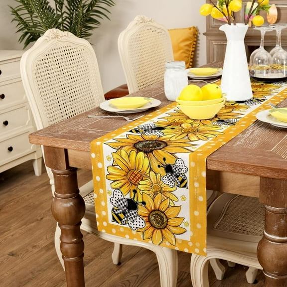 Minzimin Sunflower Bee Yellow Seasonal Farmhouse Polka Dot Burlap Indoor Kitchen Anniversary Dining Table Decor for Home Party