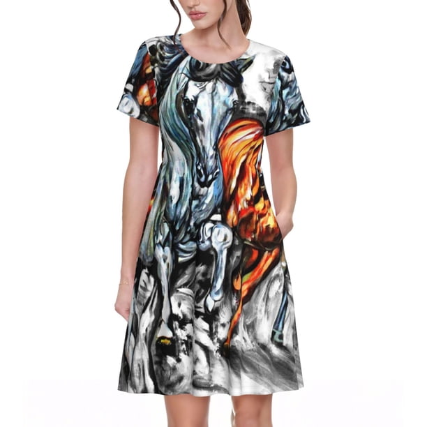 Disketp Four Running Horses para Vestido de Manga Corta para Mujeres, Vestidos de Verano para Mujeres, Casual y Holgado para la Playa