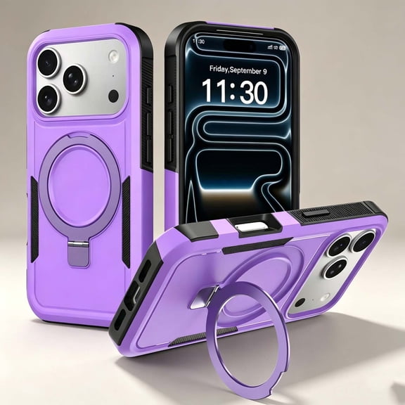 For iPhone 15 Phone Case,2-in-1 Hybrid Heavy Duty Protection,Contractile Ring Kickstand,Compatible with Mag-Safe,Shockproof Non-Slip Drop Protection Rugged Phone Case,Purple