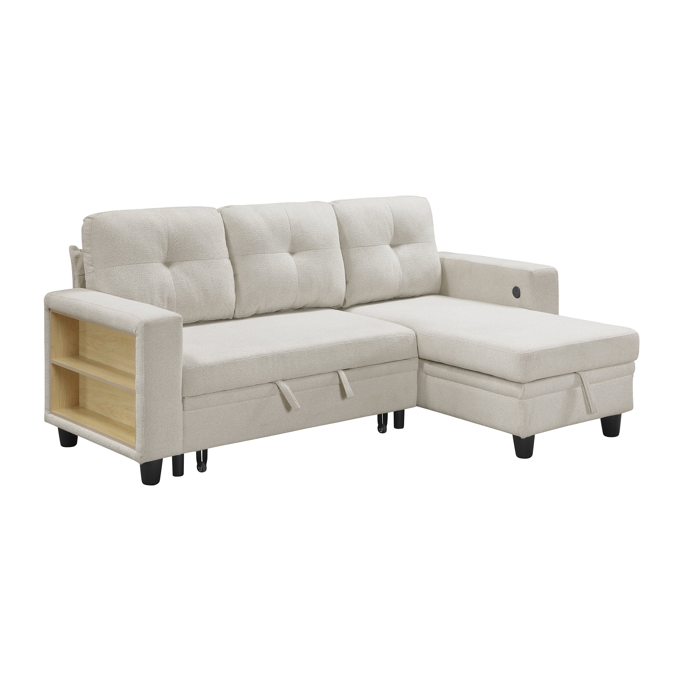 OakvillePark Vessarion Boucle Sectional with Reversible Chaise, Pull-out Bed, Shelves and Charging Ports, Beige
