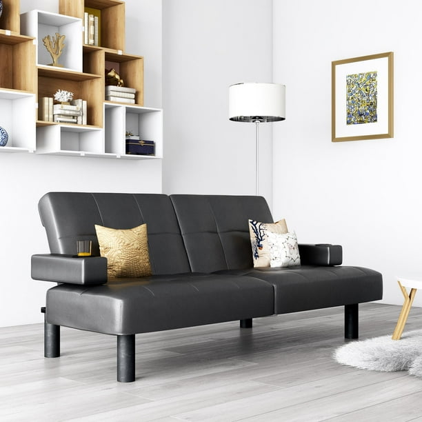 Mainstays Connectrix Faux Leather Futon With Armrest And Cupholders Black Walmart Com Walmart Com