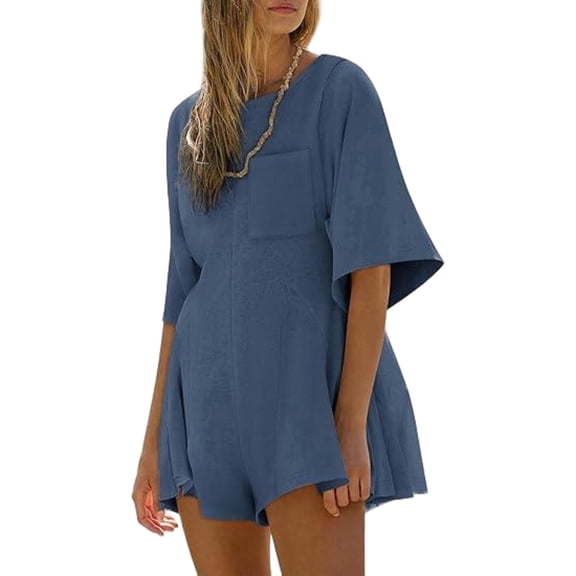 Women Summer Jumpsuit Casual Short Sleeve Round Neck Shorts Romper