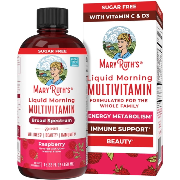 MaryRuth's Liquid Morning Multivitamin, Adults and Kids, General Health and Wellness, Immune Support, Overall Health, Vegan, Raspberry, 15.22 fl oz
